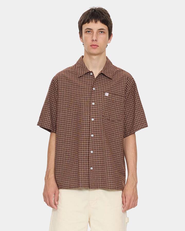 Image of a model wearing Tops. Productname: worship Mens Cherub Short Sleeve Shirt Brown - in Brown colour by brand - Worship