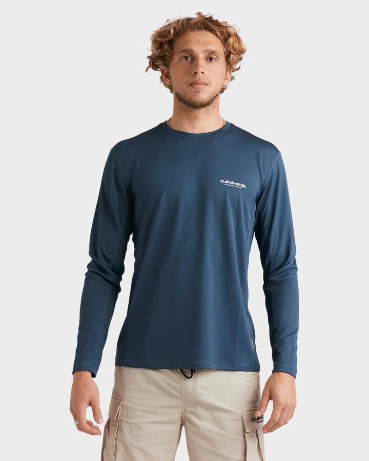 Image of a model wearing Tops. Productname: Quiksilver Mens Sea Grass Long Sleeve Rash Vest Midnight Navy - in Midnight Navy colour by brand - Quiksilver