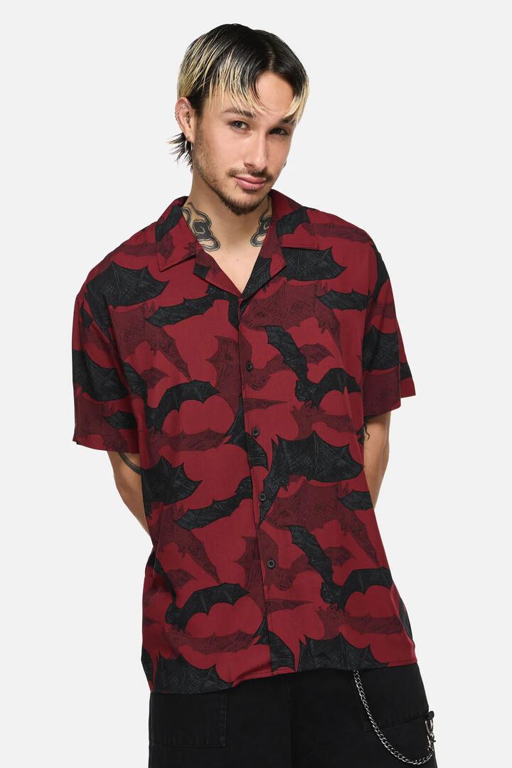 Image of a model wearing Tops. Productname: Batz Goth Short Sleeve Shirt in Red colour by brand - Black Friday