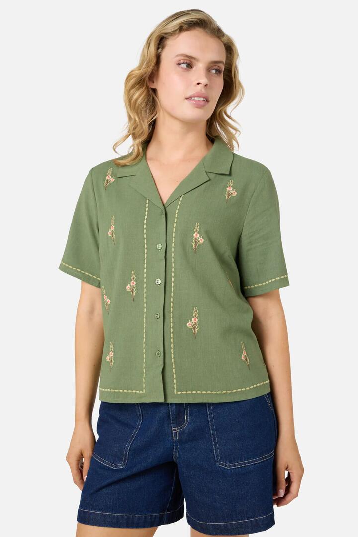 Image of Shirts. Productname: Eva Embroidered Shirt in Olive colour by brand - Princess Highway