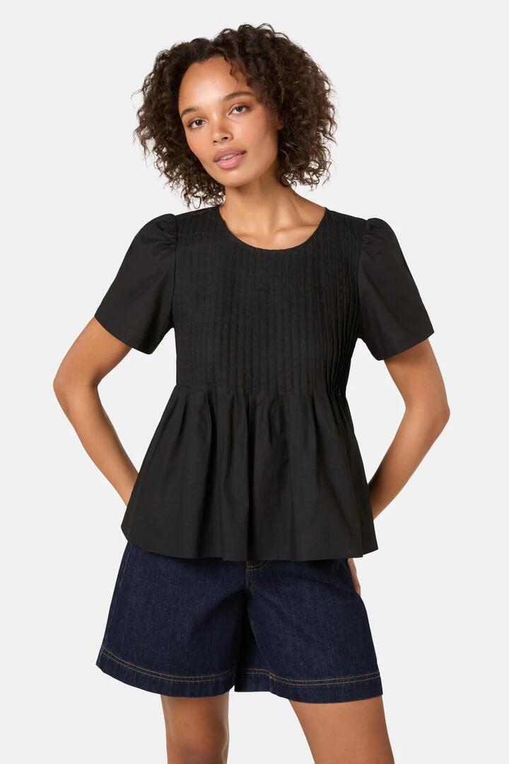Image of a model wearing Tops. Product name - Gabrielle Cotton Top in Black colour by brand - Gorman