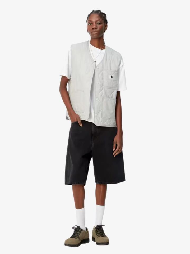 Image of a model wearing Shorts. Productname: Carhartt Wip Womenâs Brandon Short in Black Stone Washed colour by brand - Carhartt Wip