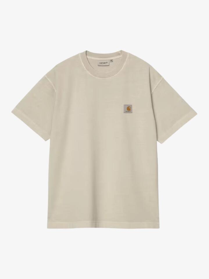 Image of a model wearing Tops. Productname: Carhartt Wip Vista T-Shirt in Fleur De Sel Gd colour by brand - Carhartt Wip