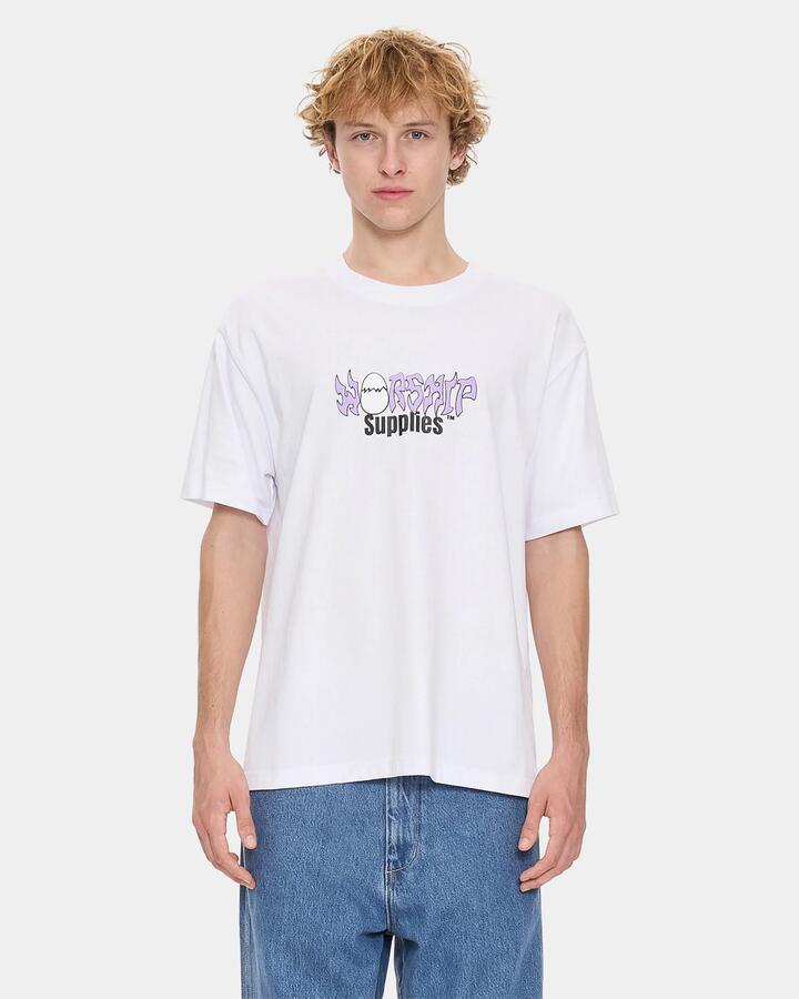 Image of a model wearing Tops. Productname: worship Mens Get Laid T-Shirt White - in White colour by brand - Worship