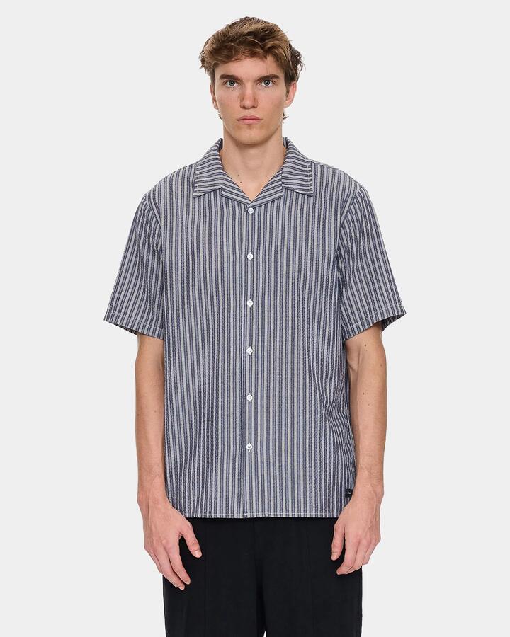 Image of a model wearing Tops. Productname: thrills - Mens Thrills Gardens Stripe Short Sleeve Shirt - Ebony - in Ebony colour by brand - thrills