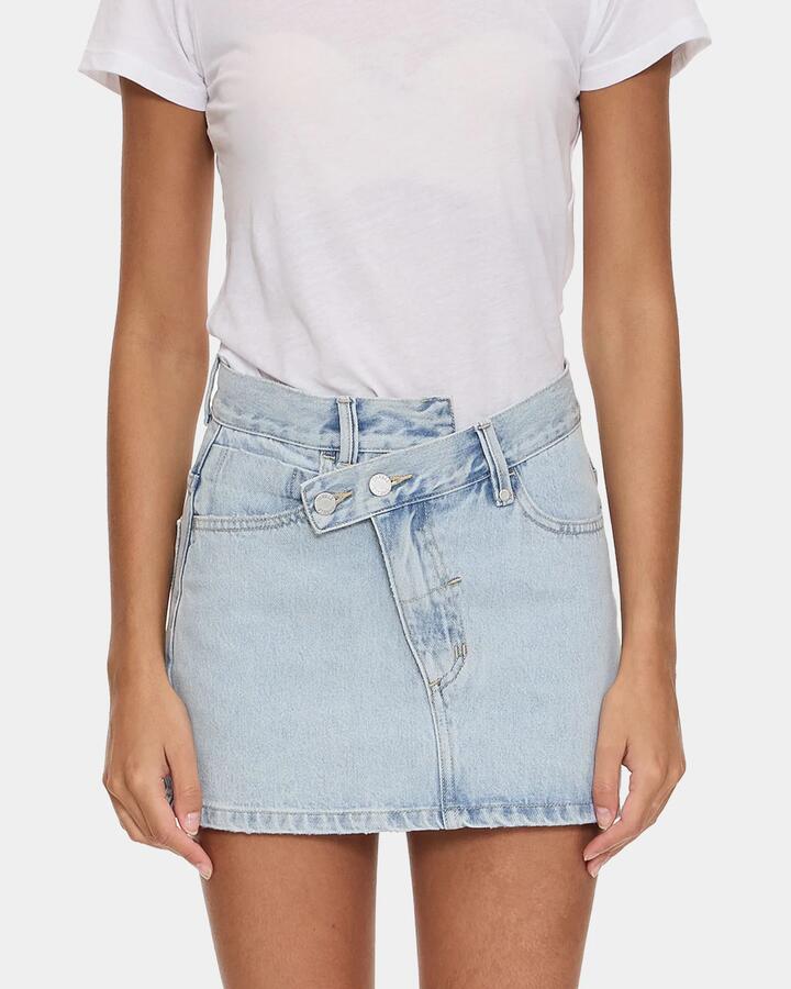 Image of a model wearing Skirts. Productname: thrills - Womens Kai Wrap Mid Rise Mini Denim Skirt - Serenity Blue - in Serenity Blue colour by brand - thrills