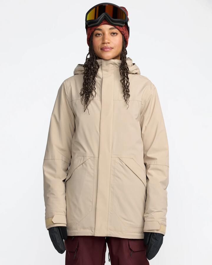 Image of a model wearing Outerwear. Productname: Volcom - Womens Shelter 20K 3D Stretch Jacket - Oatmeal - in Oatmeal colour by brand - Volcom
