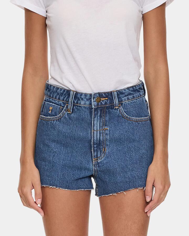 Image of a model wearing Shorts. Productname: thrills Womens Sadie High Rise Micro Denim Shorts Deep Vintage Blue - in Deep Vintage Blue colour by brand - Thrills