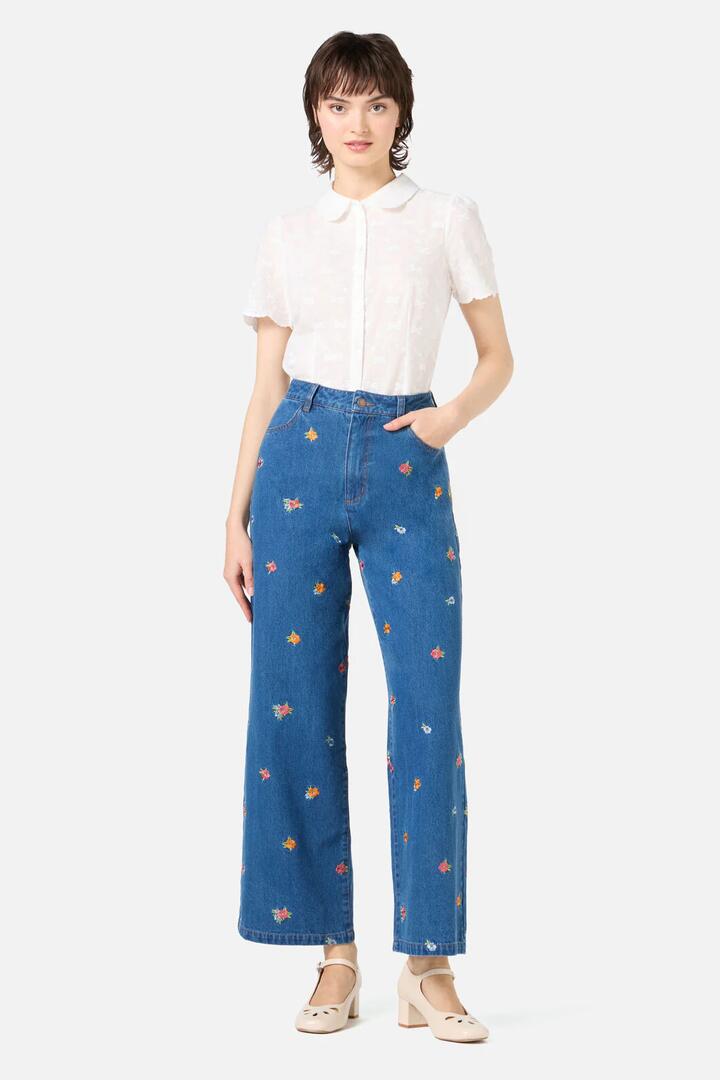 Image of Jeans. Productname: Floral Embroidered Denim Jeans in Blue Denim colour by brand - Princess Highway