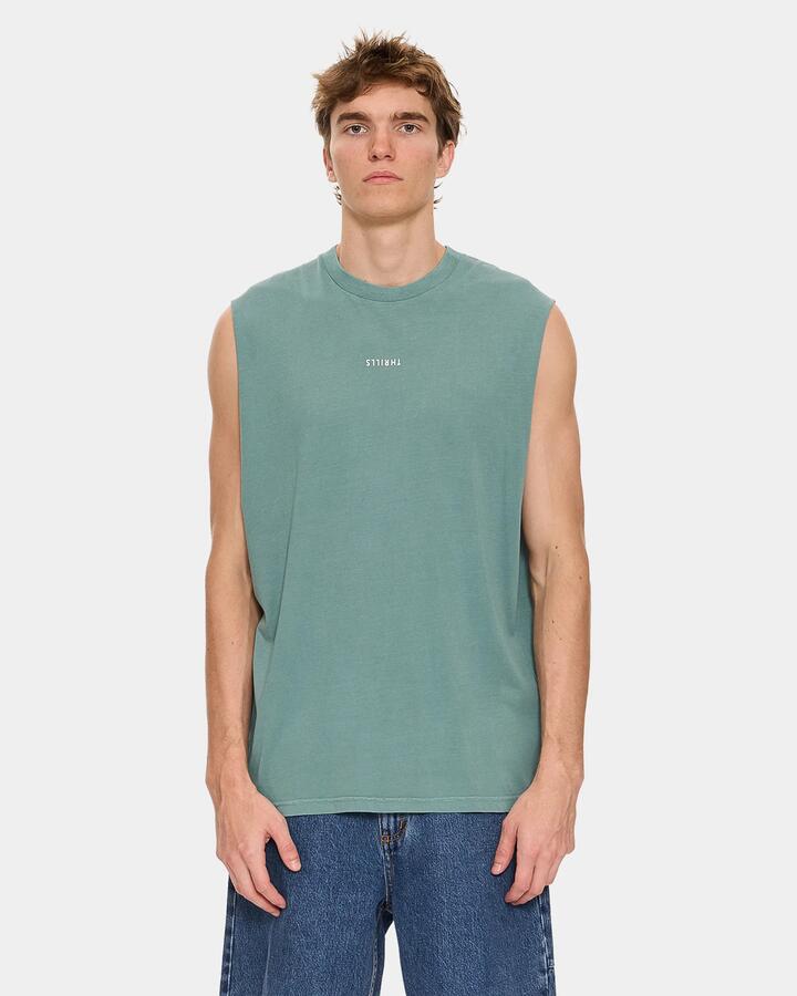 Image of a model wearing Tops. Productname: thrills - Mens Minimal Thrills Muscle - Green Coast - in Green Coast colour by brand - thrills