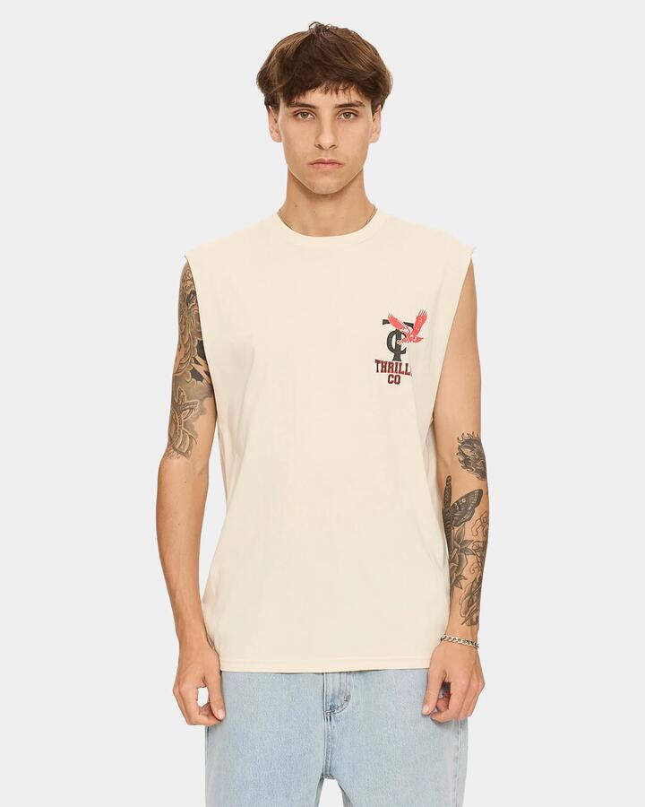 Image of a model wearing Tops. Productname: thrills - Mens Wonder World Muscle - Heritage White - in Heritage White colour by brand - thrills