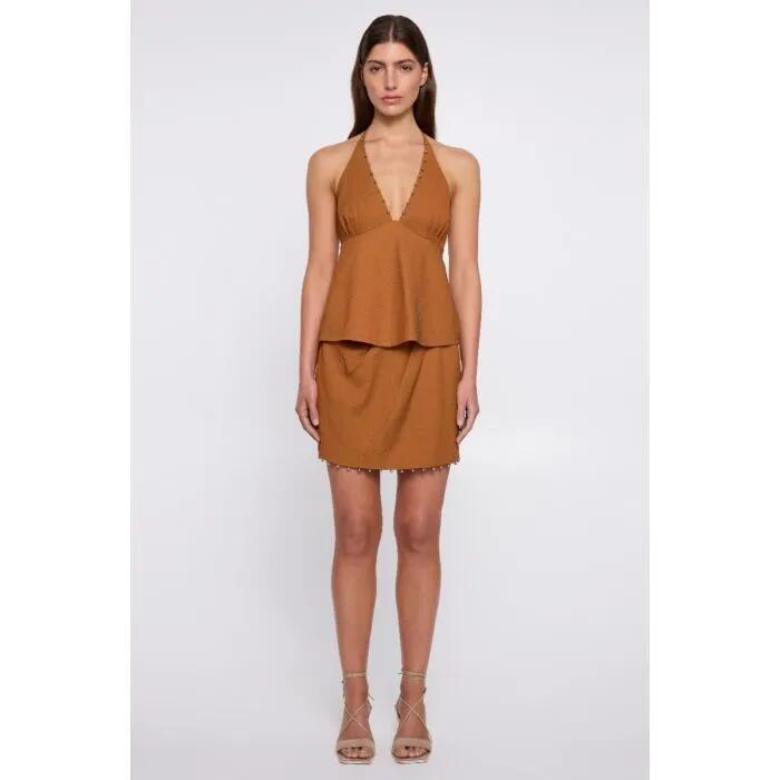 Image of a model wearing Tops. Productname: Endless Day Top in GINGER colour by brand - sass and bide
