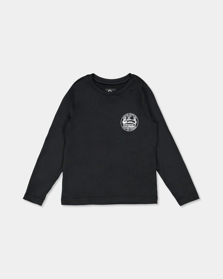 Image of a model wearing Tops. Product name - Quiksilver Boys 2-7 Everyday Long Sleeve Surf Shirt Black in Black colour by brand - Quiksilver