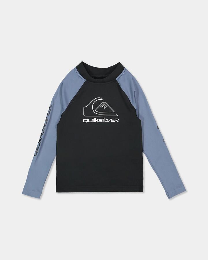 Image of a model wearing Tops. Product name - Quiksilver Boys 2-7 On Tour Long Sleeve Rash Vest China Blue in China Blue colour by brand - Quiksilver