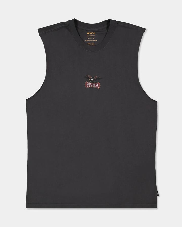Image of a model wearing Tops. Product name - RVCA Mens Eagle Muscle Washed Black in Washed Black colour by brand - RVCA