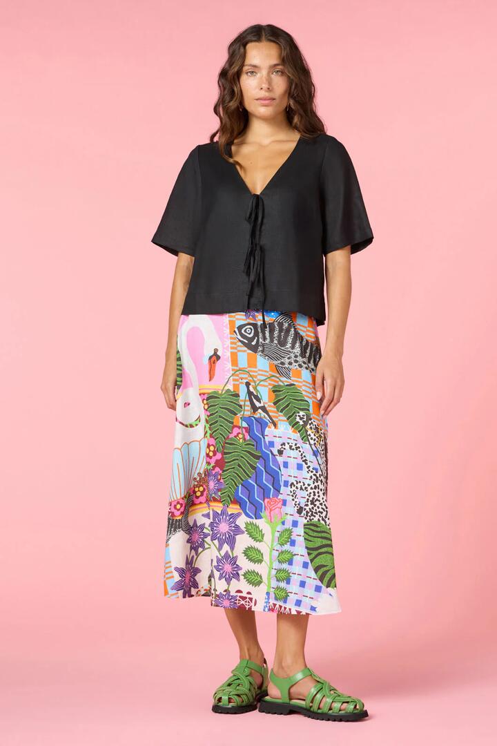 Image of a model wearing Tops. Product name - Tie And True Linen Top in Black colour by brand - Gorman