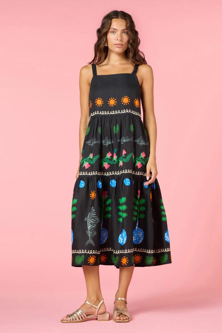 Image of Dresses. Product name - Gone Fishing Print Long Dress in Black colour by brand - Gorman