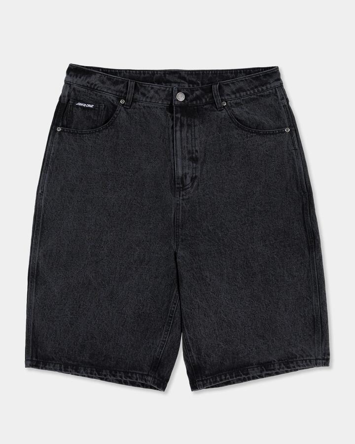 Image of a model wearing Shorts. Productname: santa Cruz Mens Flaming Dice Dot Denim Shorts Washed Black - in Washed Black colour by brand - santa Cruz