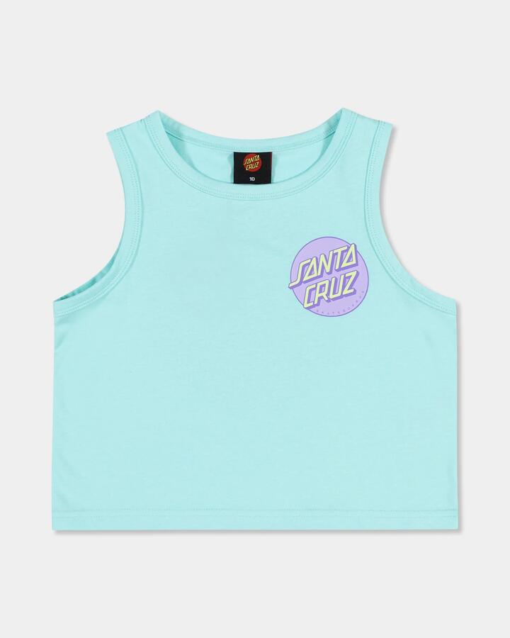 Image of a model wearing Tops. Productname: santa Cruz Girls 8-16 Other Dot Pop Cropped Tank Top Aqua - in Aqua colour by brand - santa Cruz