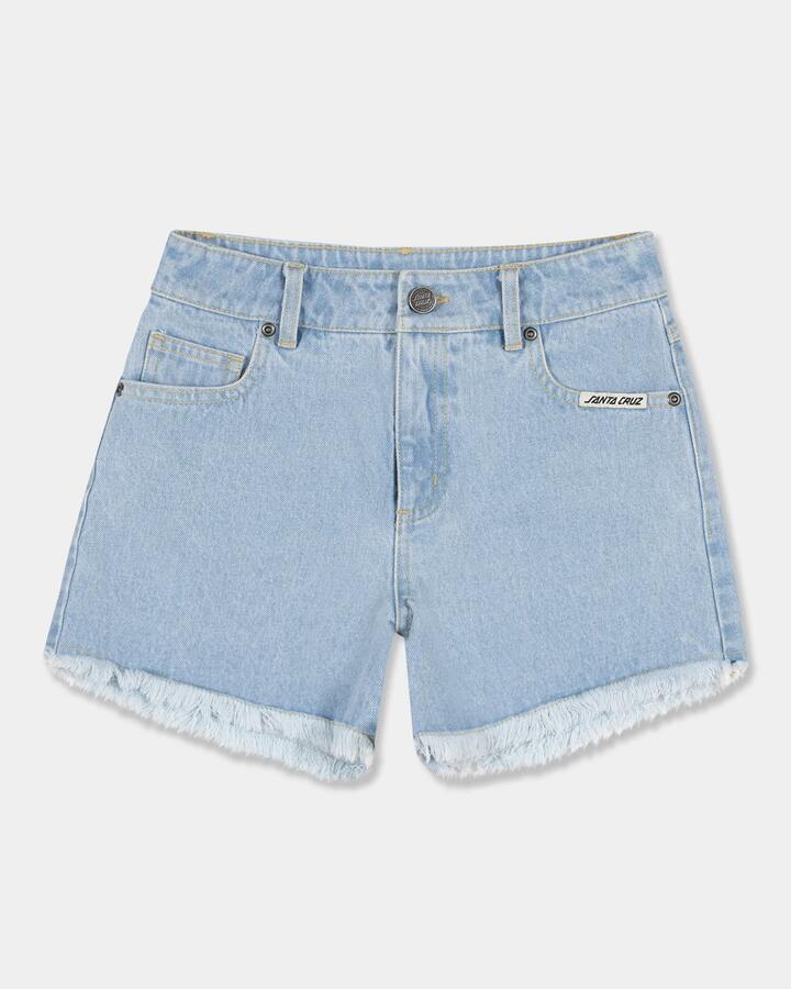 Image of a model wearing Shorts. Productname: santa Cruz Girls 8-16 Mfg Retro Dot Denim Shorts Blue Indigo - in Blue Indigo colour by brand - santa Cruz