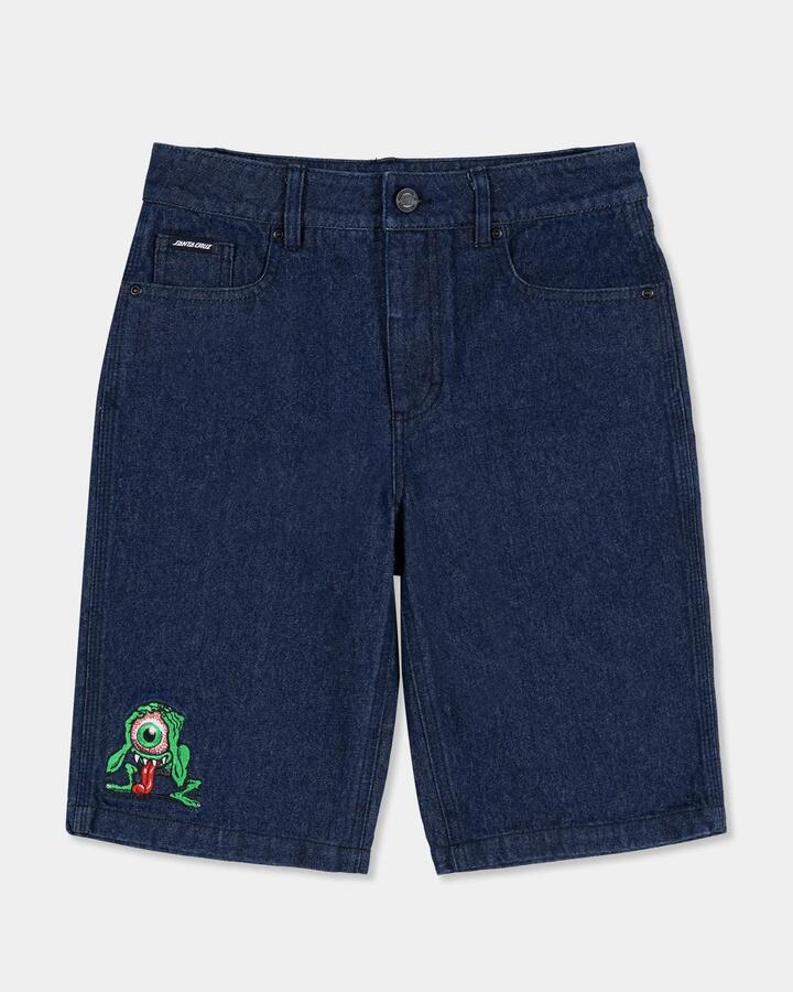 Image of a model wearing Shorts. Product name - Santa Cruz Boys 8-16 Eyegore Denim Shorts Indigo in Indigo colour by brand - Santa Cruz