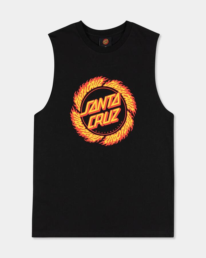 Image of a model wearing Tops. Product name - Santa Cruz Boys 8-16 Flame Ringed Dot Muscle Black in Black colour by brand - Santa Cruz