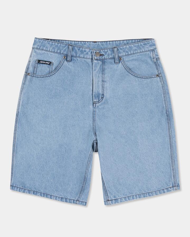 Image of a model wearing Shorts. Product name - Santa Cruz Mens Winkowski 8Baller Arch Denim Shorts Mid Blue in Mid Blue colour by brand - Santa Cruz