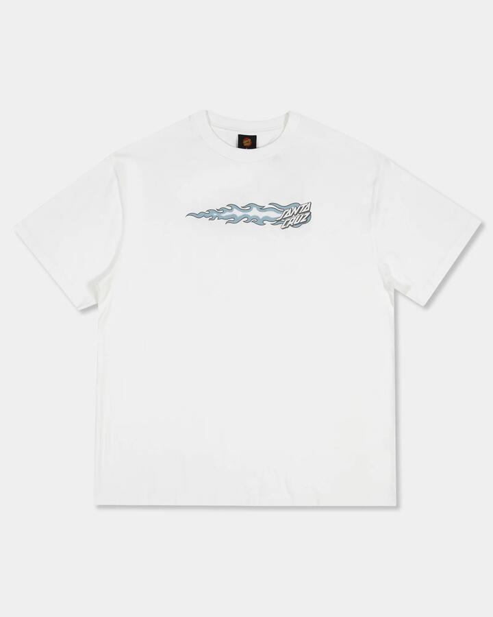 Image of a model wearing Tops. Productname: santa Cruz Mens Flaming Dice Dot Flash T-Shirt White - in White colour by brand - santa Cruz