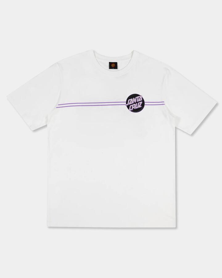 Image of a model wearing Tops. Productname: santa Cruz Mens Johnson Beast Wagon Stripe T-Shirt White - in White colour by brand - santa Cruz
