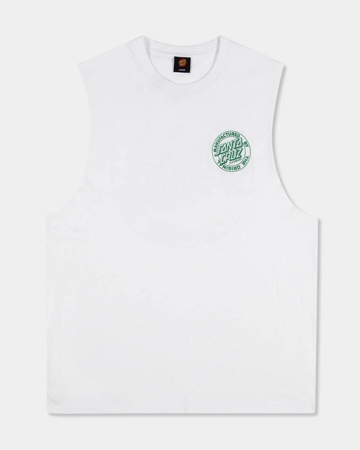 Image of a model wearing Tops. Productname: santa Cruz Mens Os Mfg Dot Muscle White - in White colour by brand - santa Cruz