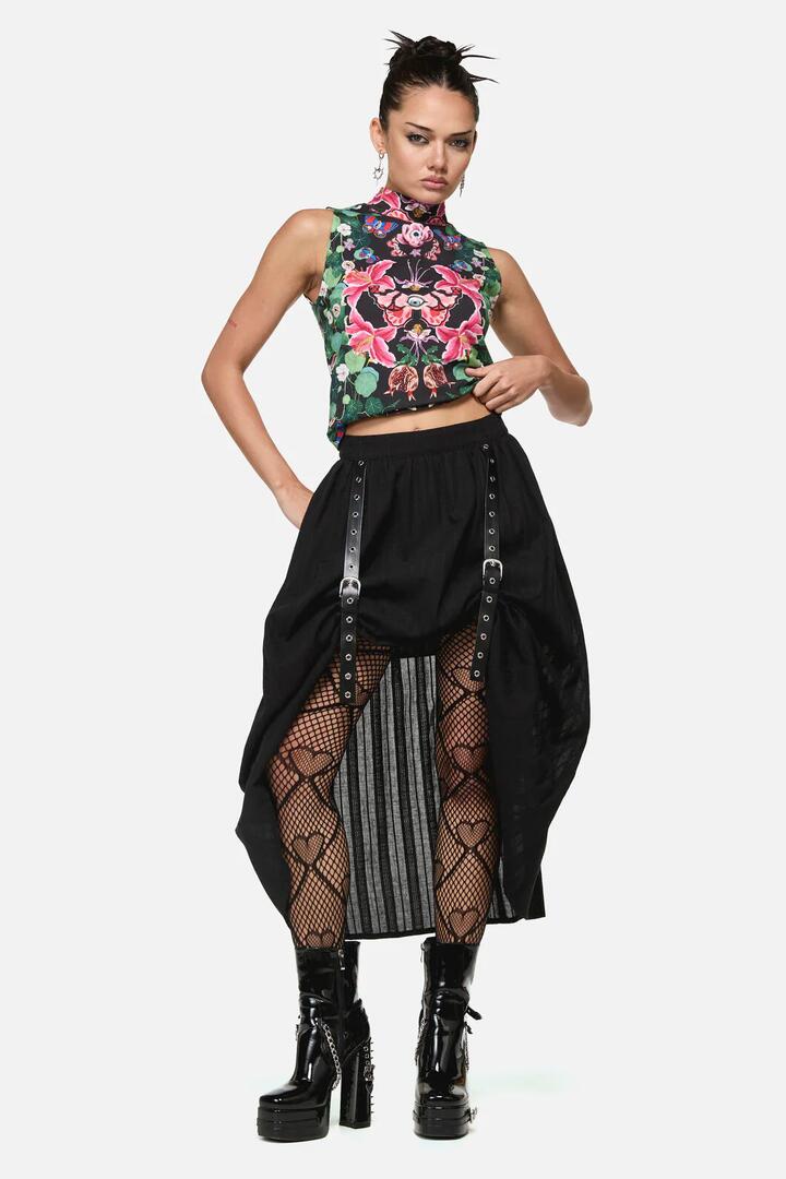 Image of a model wearing Skirts. Product name - Witches Garden Goth Midi Skirt in Black colour by brand - Black Friday