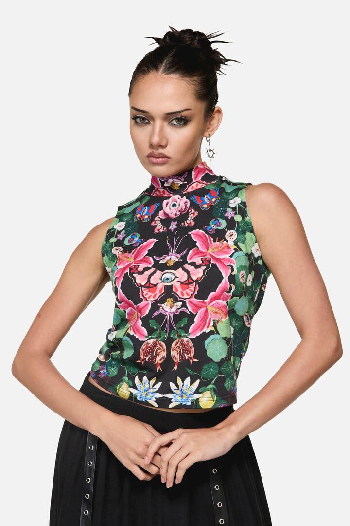 Image of a model wearing Tops. Product name - See No Evil Print Tank Top in Multi colour by brand - Black Friday