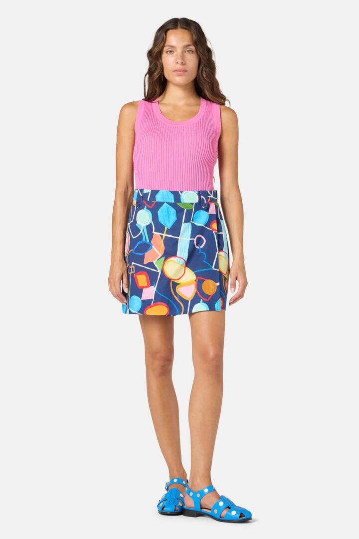Image of a model wearing Skirts. Product name - Line And Dandy Mini Skort in Print colour by brand - Gorman
