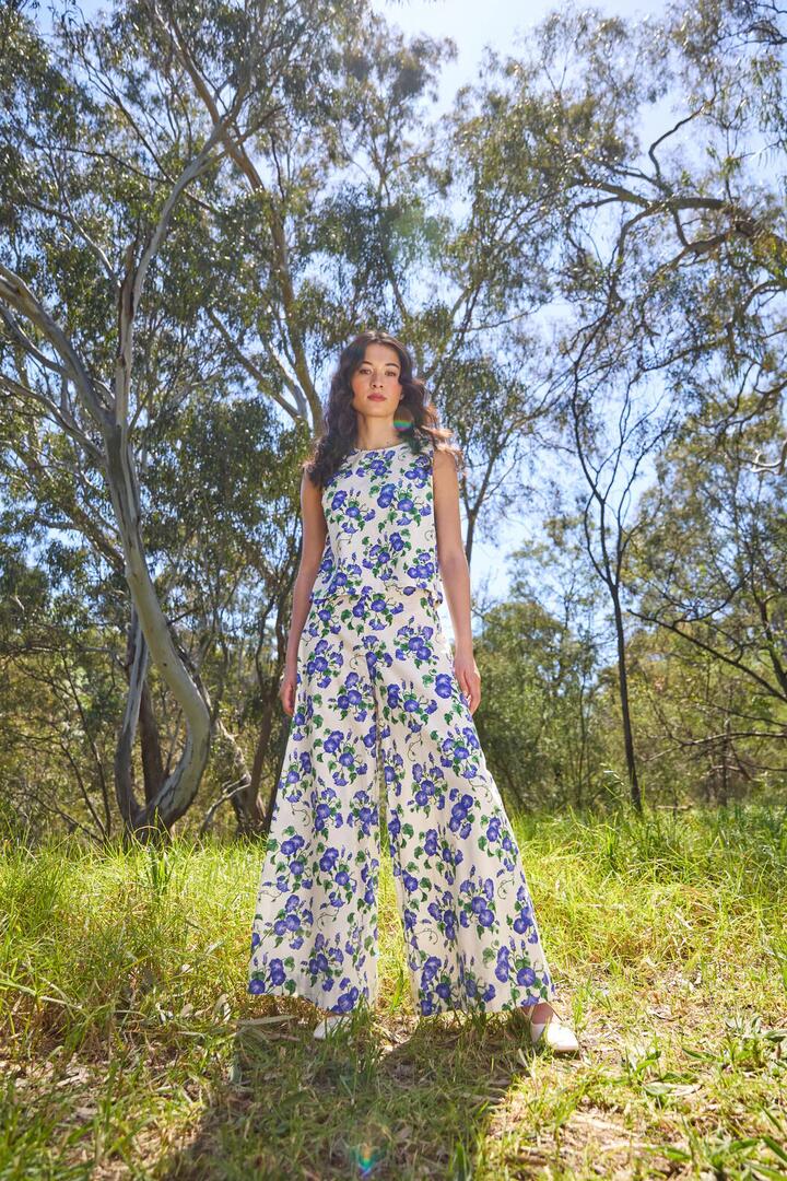 Image of a model wearing Pants. Productname: Morning Glory Wide Leg Pant in Cream colour by brand - Princess Highway