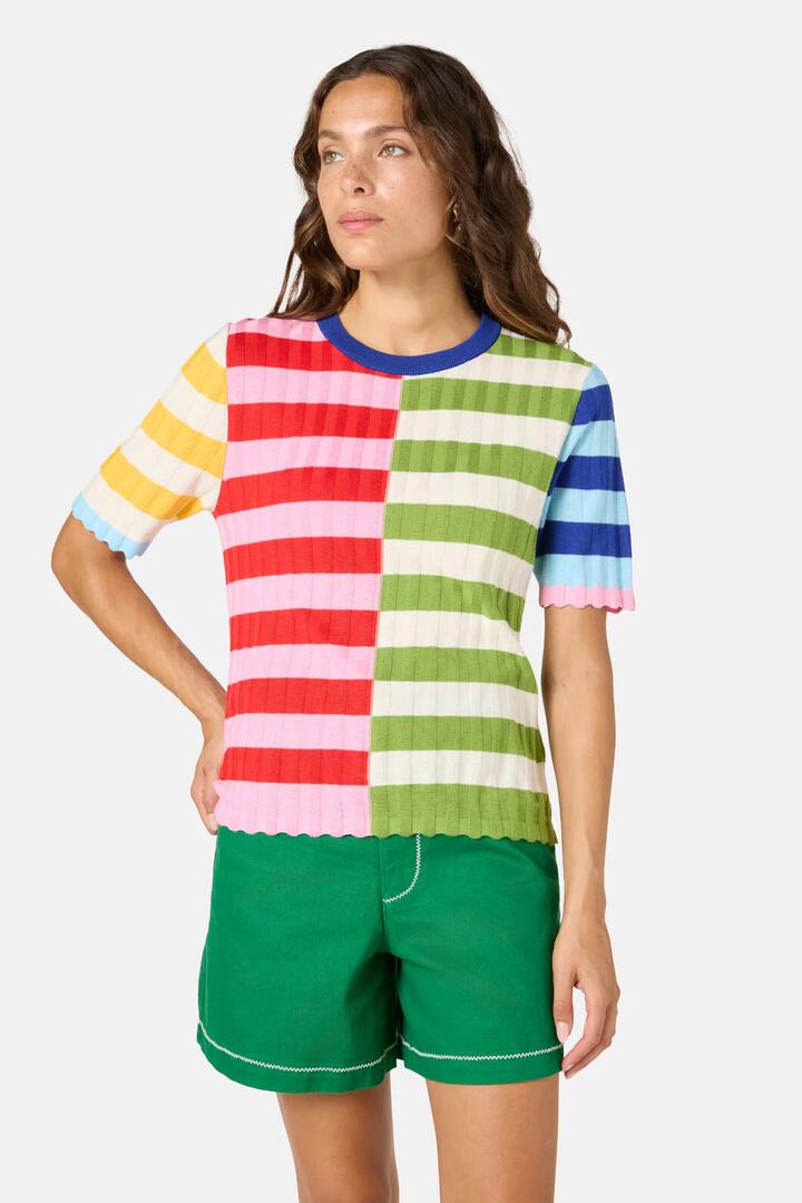 Image of a model wearing Tops. Product name - Stripe Pop Knit Top in Multi colour by brand - Gorman