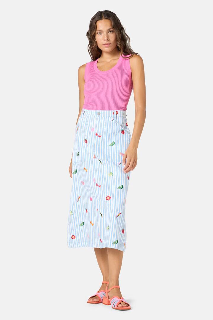 Image of a model wearing Skirts. Product name - Antipasto Print Denim Skirt in Multi colour by brand - Gorman