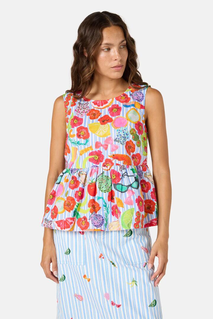 Image of a model wearing Tops. Product name - Antipasto Print Tank in Print colour by brand - Gorman