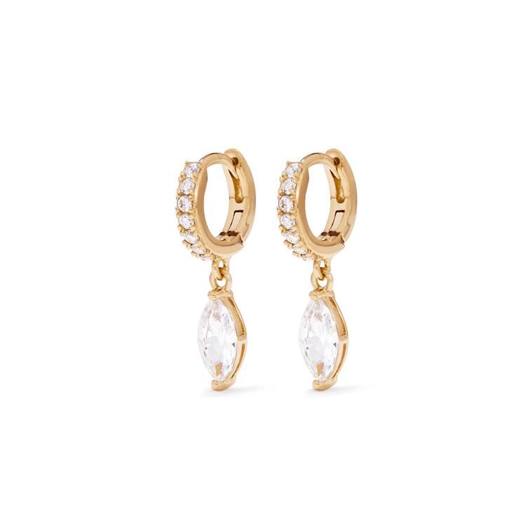 Image of Earrings. Productname: 10mm Cubic Zirconia Marquise Drop Huggies in 18kt Gold Plated Sterling Silver in Silver colour by brand - Bevilles