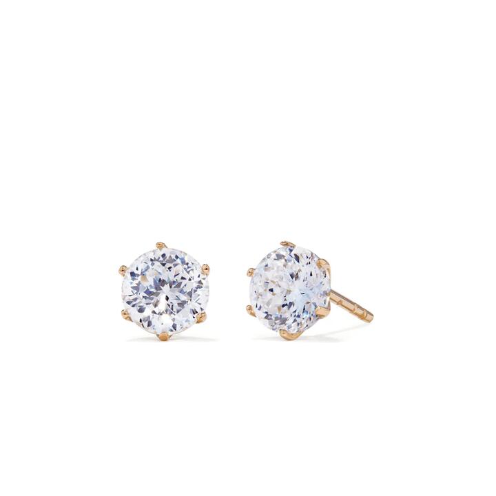 Image of Earrings. Productname: 5mm Round Cubic Zirconia Studs in 18kt Gold Plated Sterling Silver in Silver colour by brand - Bevilles