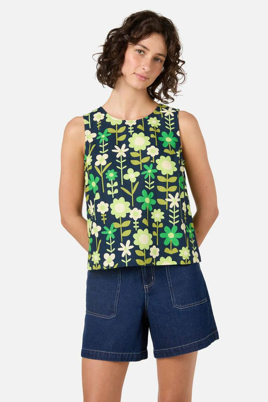 Image of a model wearing Tops. Productname: Penny 60's Shell Top in Navy colour by brand - Princess Highway