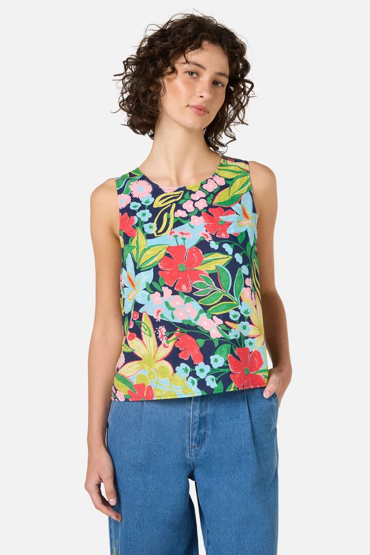 Image of a model wearing Tops. Productname: Lexi Floral Shell Top in Navy colour by brand - Princess Highway