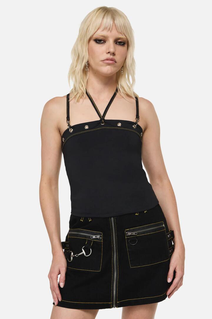 Image of a model wearing Tops. Product name - Biter Punk Eyelet Tank Top in Black colour by brand - Dangerfield