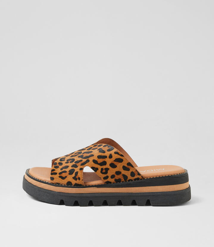 Image of Slippers. Productname: Shiva Tan Leopard Pony Slides in TAN LEOPARD colour by brand - MIDAS
