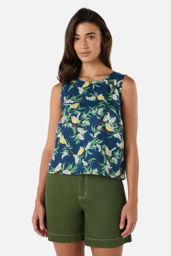 Image of a model wearing Tops. Product name - Yellow Robin Shell Top in Navy colour by brand - Princess Highway