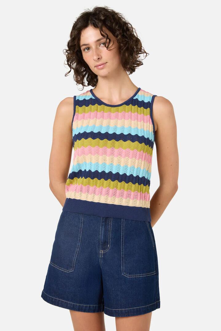 Image of a model wearing Tops. Product name - Ava Stripe Knit Tank in Navy colour by brand - Princess Highway