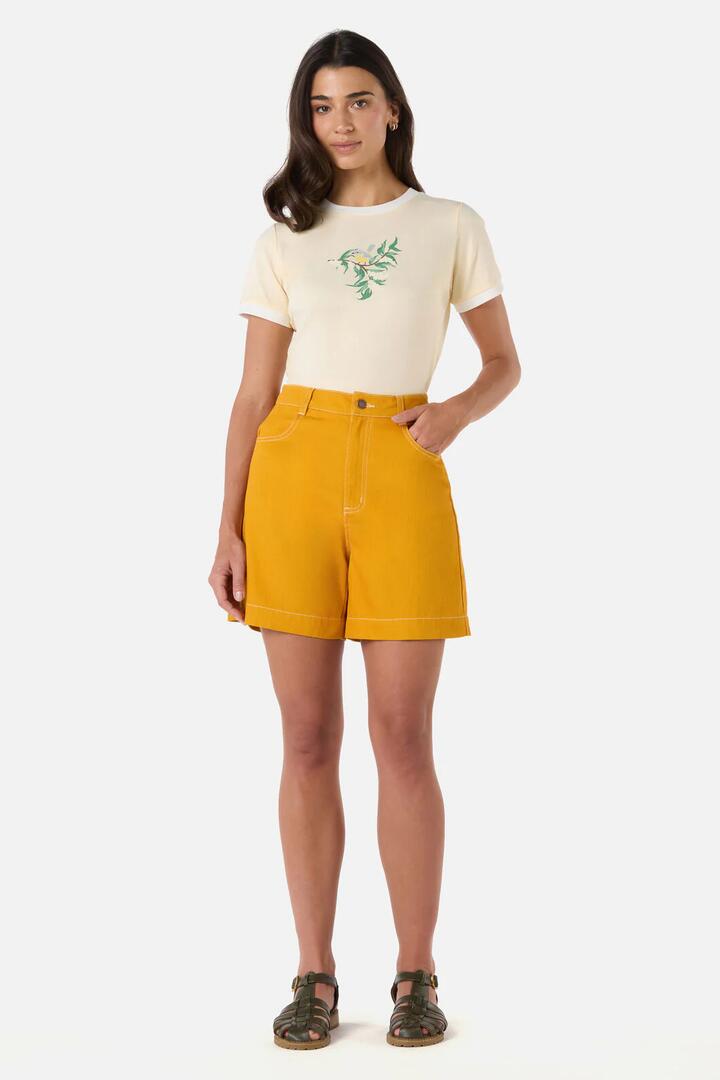 Image of a model wearing Shorts. Product name - Sammy Contrast Stitch Short in Gold colour by brand - Princess Highway
