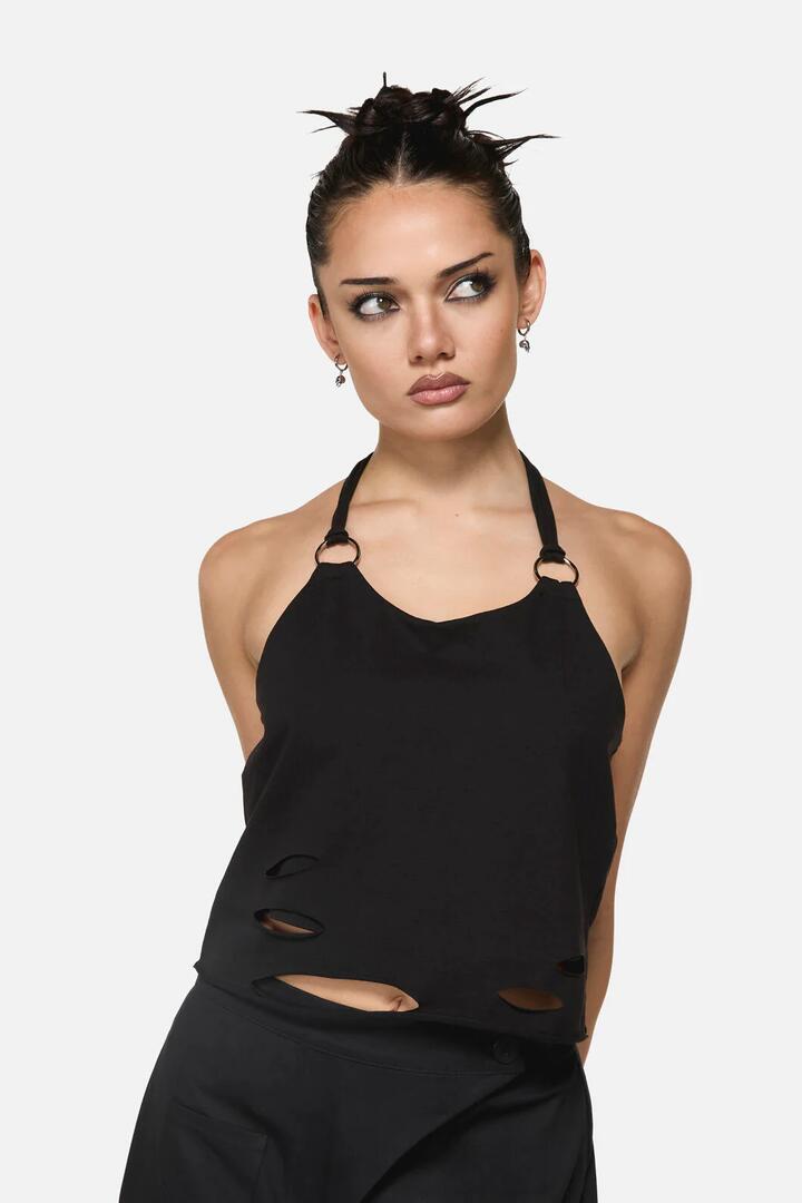 Image of a model wearing Tops. Product name - Curse Distressed Halter Tank in Black colour by brand - Black Friday