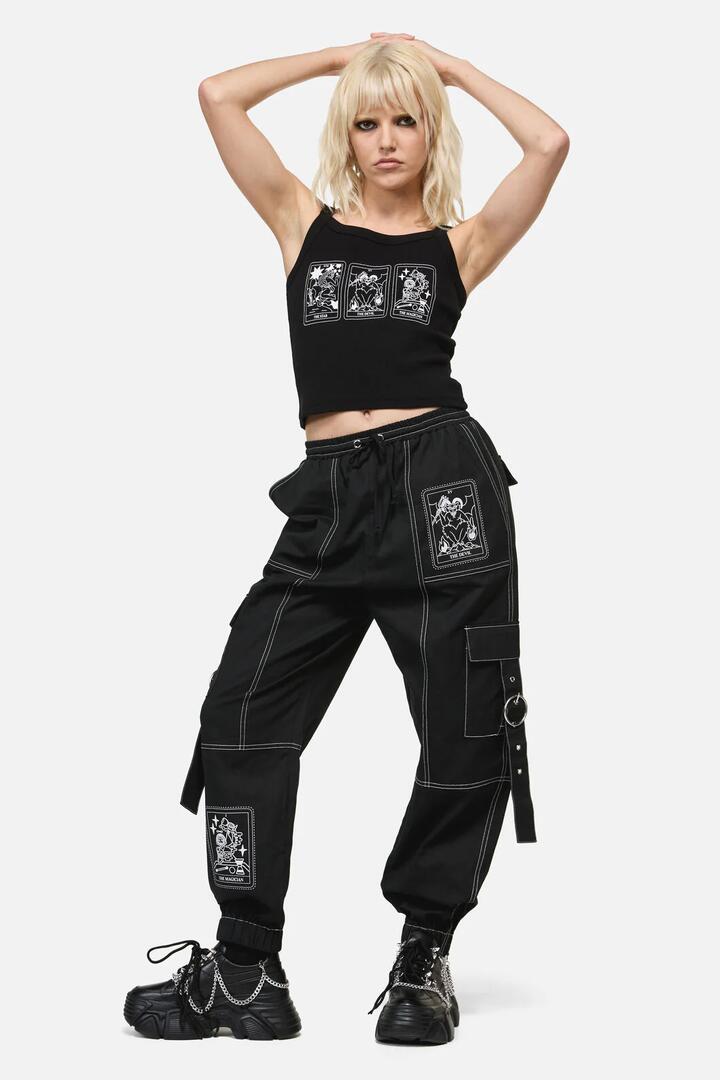 Image of a model wearing Pants. Productname: Temperance Goth Cargo Pant in Black colour by brand - Dangerfield