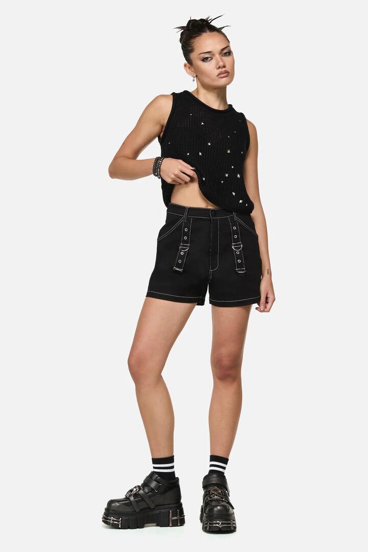 Image of a model wearing Shorts. Product name - Curse D-Ring Goth Short in Black colour by brand - Black Friday