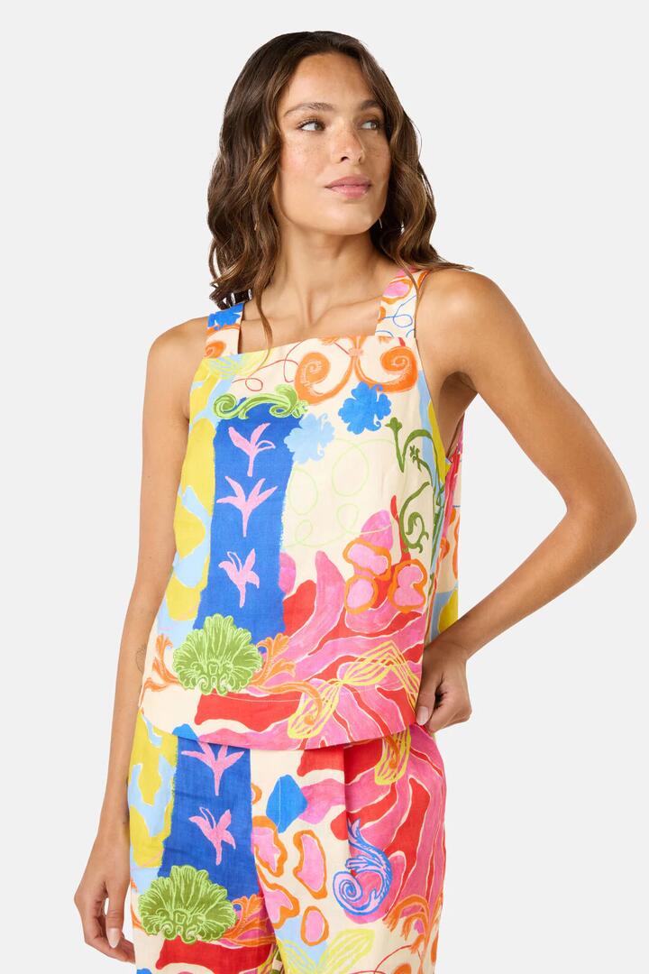 Image of a model wearing Tops. Product name - Fleur Tango Linen Tank Top in Print colour by brand - Gorman